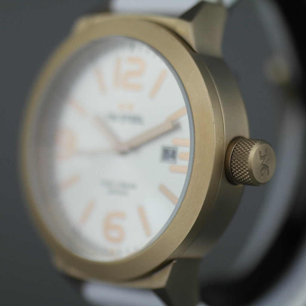 TW Steel Marc Coblen Edition wrist watch with silver dial and white leather strap