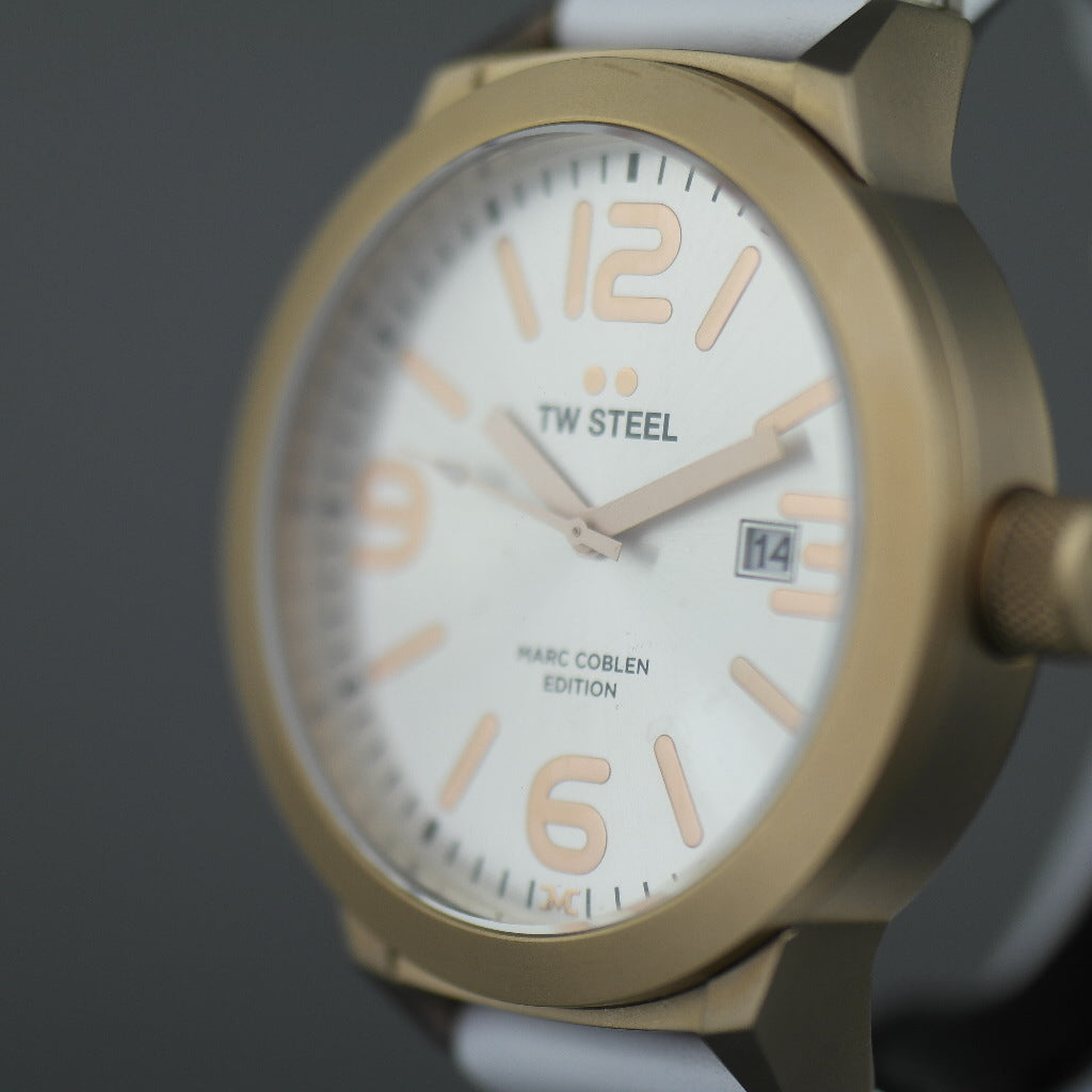 TW Steel Marc Coblen Edition wrist watch with silver dial and white leather strap