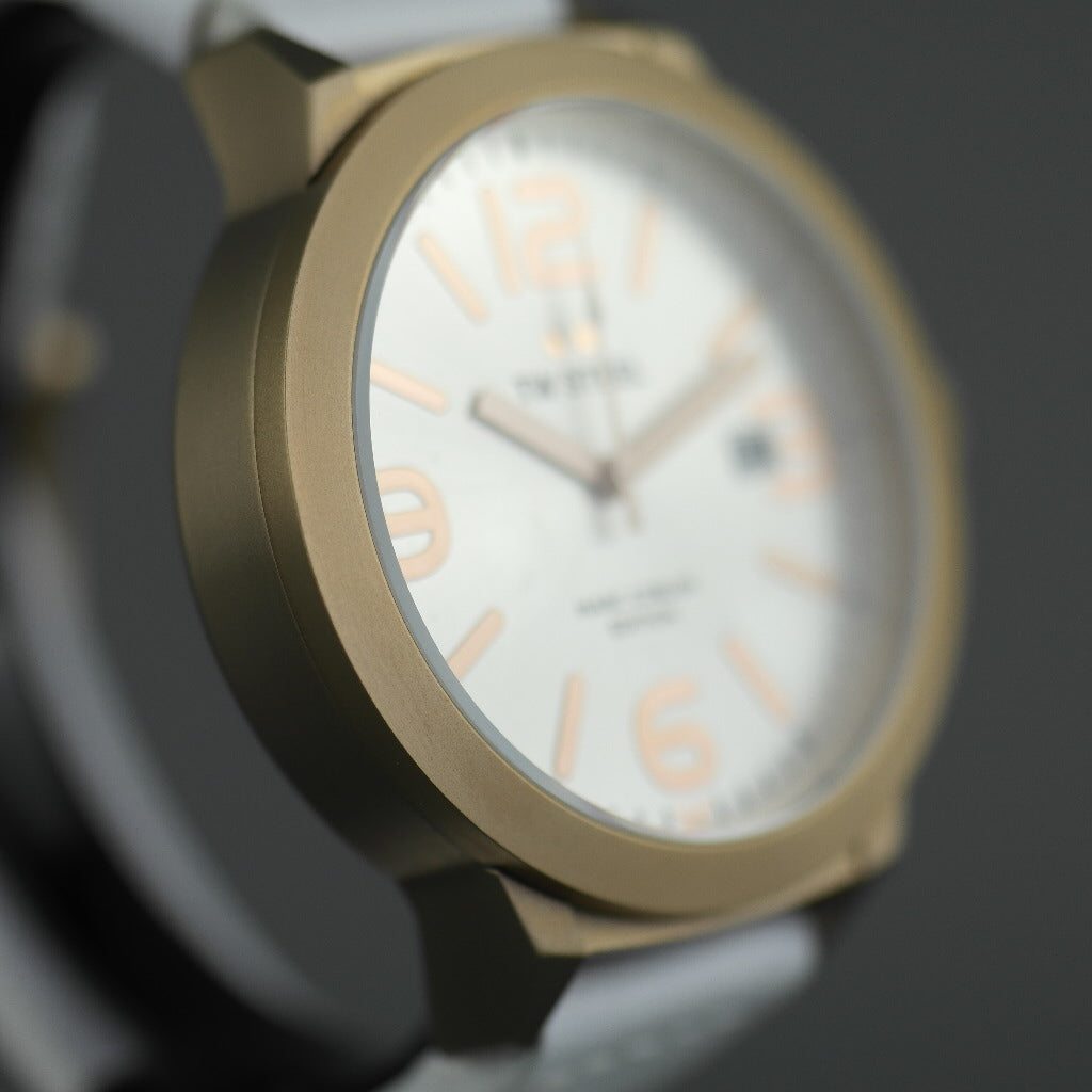 TW Steel Marc Coblen Edition wrist watch with silver dial and white leather strap