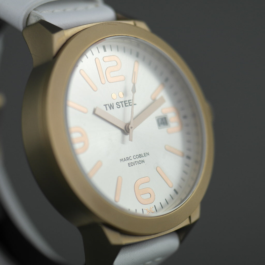 TW Steel Marc Coblen Edition wrist watch with silver dial and white leather strap