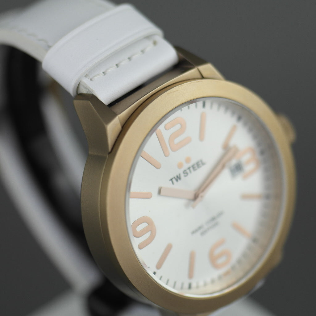 TW Steel Marc Coblen Edition wrist watch with silver dial and white leather strap