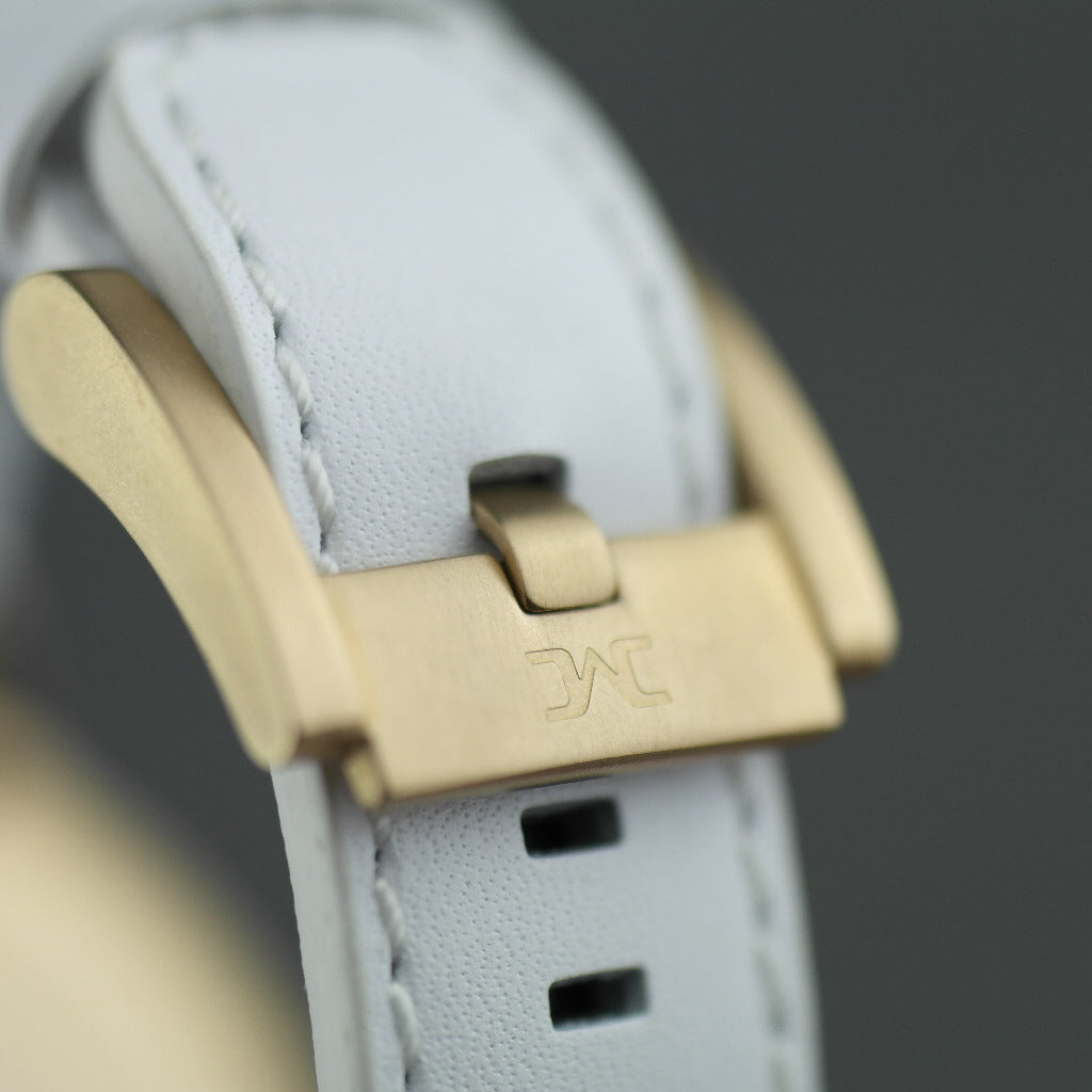 TW Steel Marc Coblen Edition wrist watch with silver dial and white leather strap
