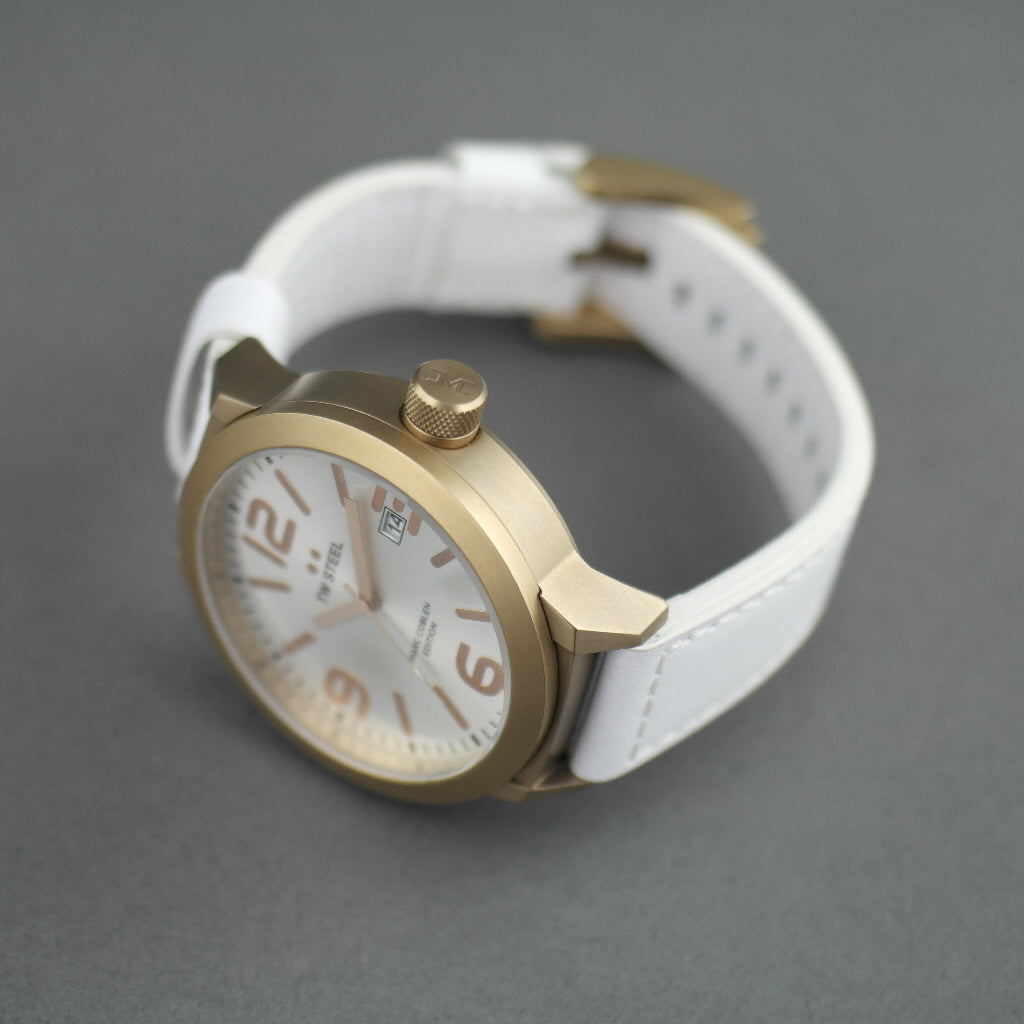 TW Steel Marc Coblen Edition wrist watch with silver dial and white leather strap