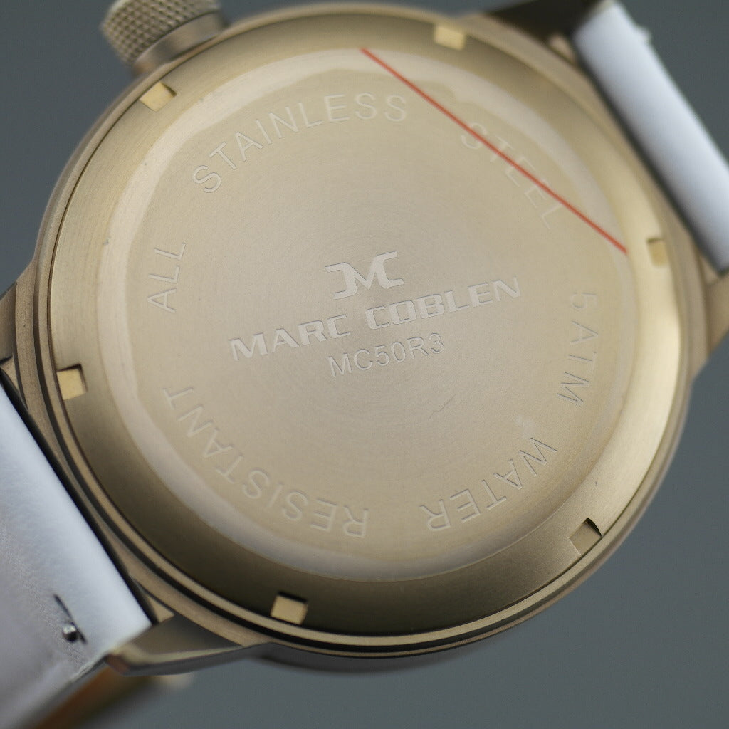 TW Steel Marc Coblen Edition wrist watch with silver dial and white leather strap