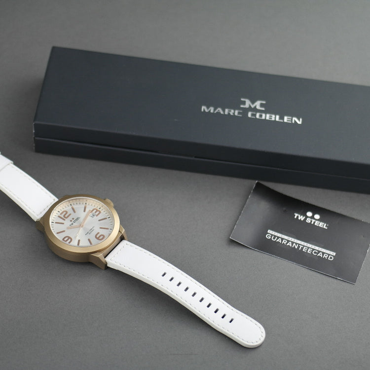 TW Steel Marc Coblen Edition wrist watch with silver dial and white leather strap