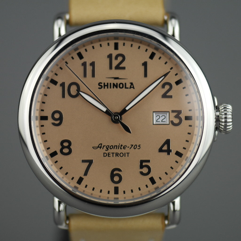 Shinola The Runwell wristwatch with copper dial and Aniline Latigo Leather strap