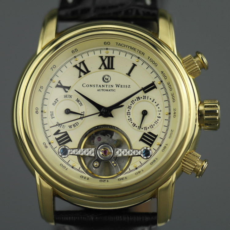 Constantin Weisz Herren-Armbanduhr mit automatischem Tachymeter, vergoldet