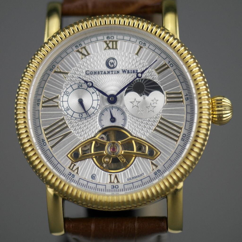 Constantin Weisz Open heart automatic wrist watch gold tone silver dial