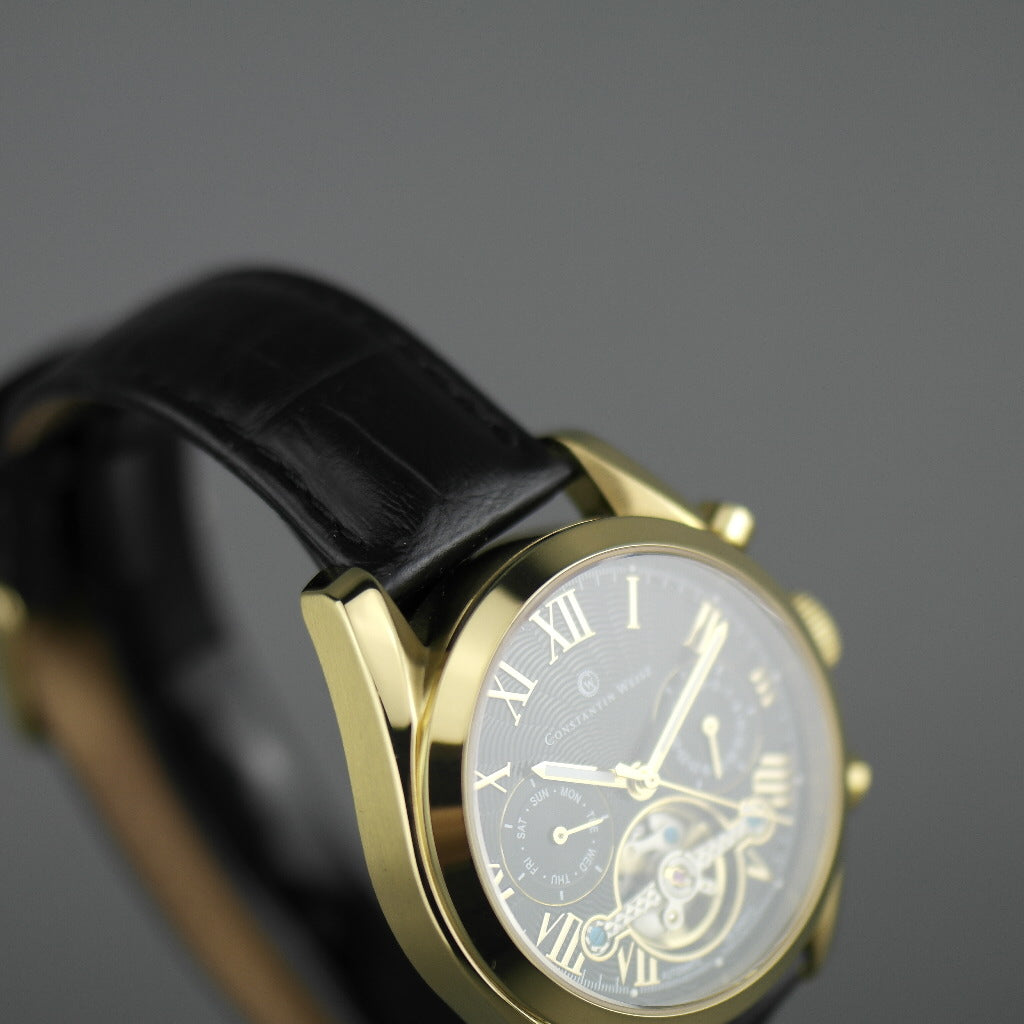 Constantin Weisz klassische Automatik-Armbanduhr mit offenem Herzen und Lederarmband