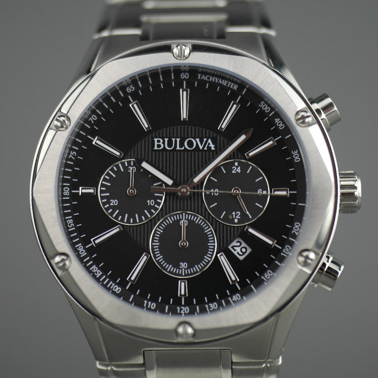 Bulova Chronographenuhr, schwarzes Zifferblatt, Edelstahlarmband