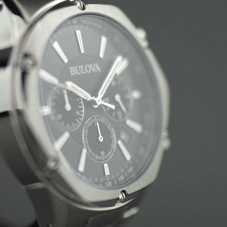 Bulova Chronographenuhr, schwarzes Zifferblatt, Edelstahlarmband