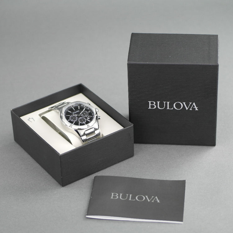 Bulova Chronographenuhr, schwarzes Zifferblatt, Edelstahlarmband