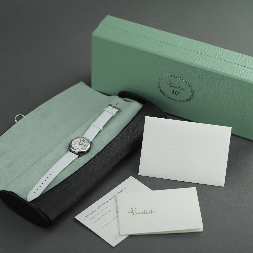 Pomellato 67 Reloj de pulsera para mujer de edición limitada con diamantes, correa de piel blanca 
