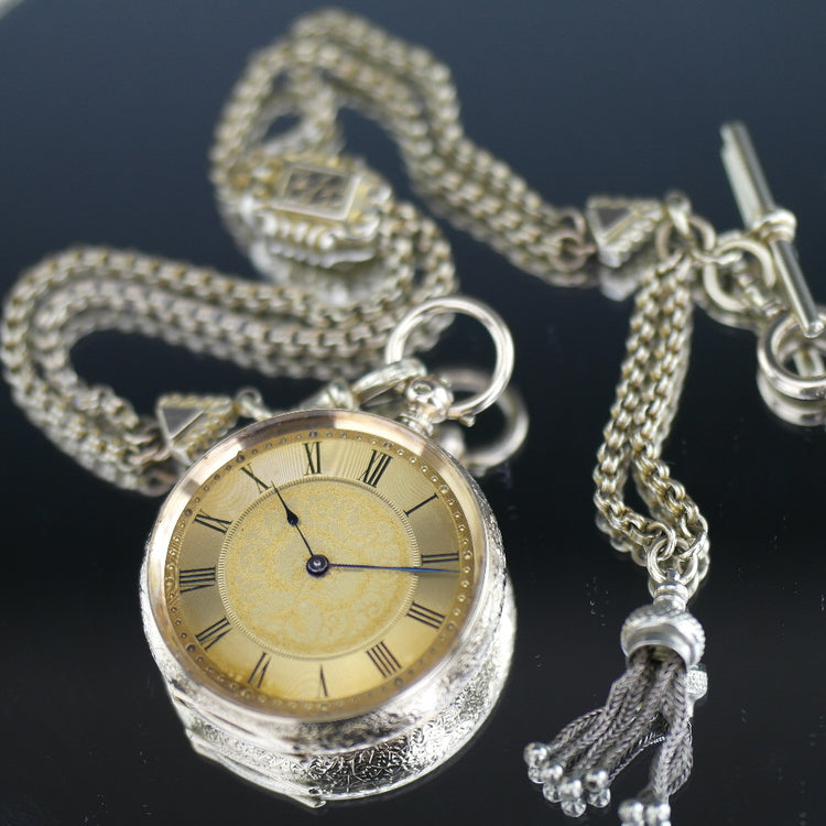 Antique 14ct gold pocket watch with chain T-bar key Roman numerals, open face