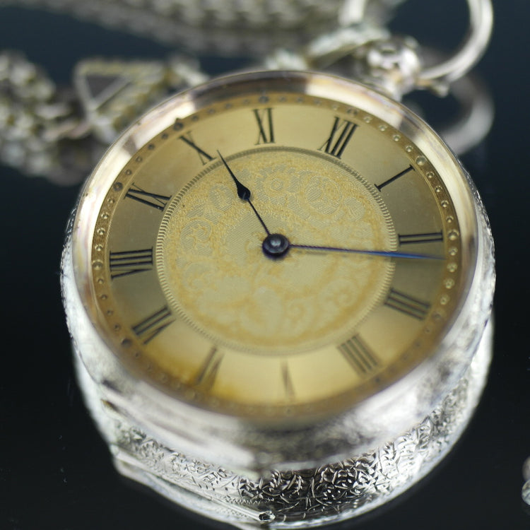 Antique 14ct gold pocket watch with chain T-bar key Roman numerals, open face