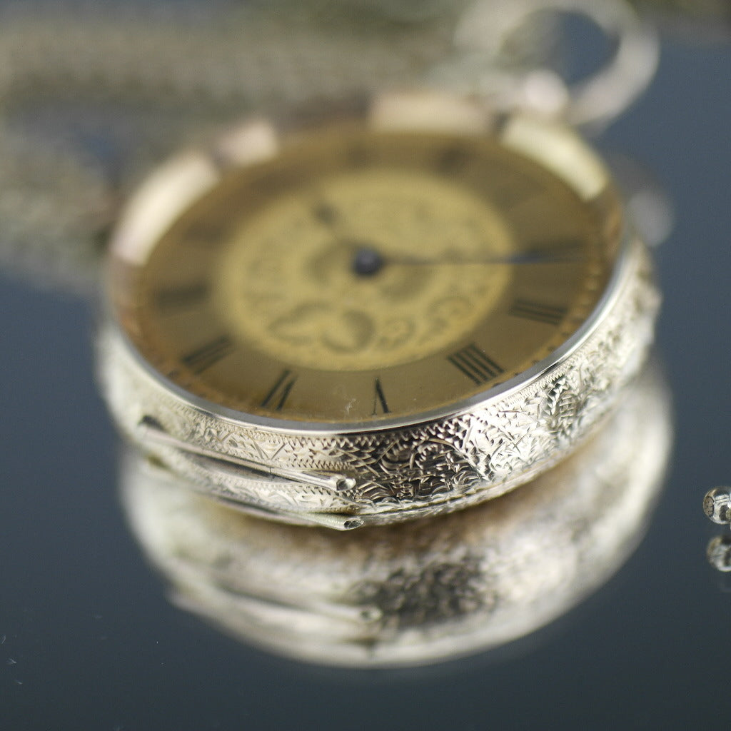 Antique 14ct gold pocket watch with chain T-bar key Roman numerals, open face