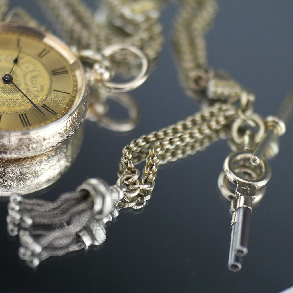 Antique 14ct gold pocket watch with chain T-bar key Roman numerals, open face