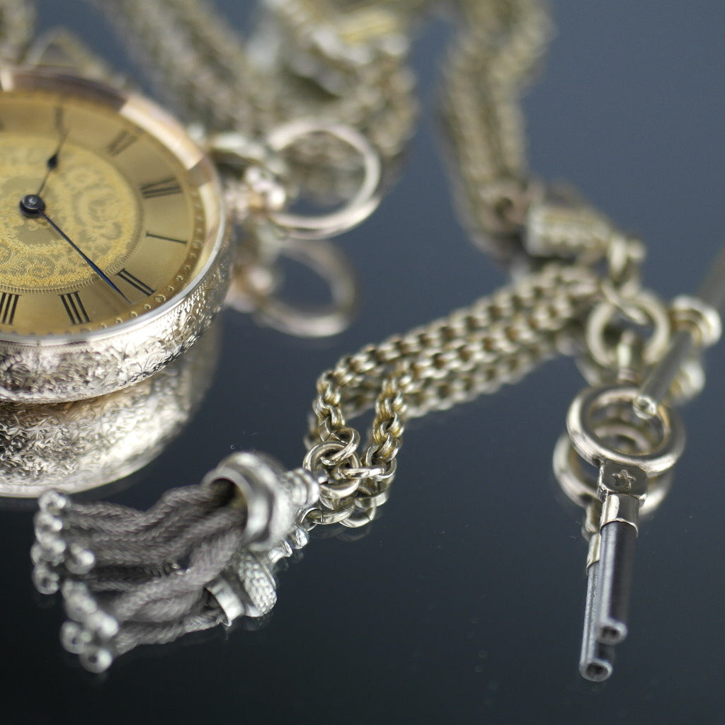 Antique 14ct gold pocket watch with chain T-bar key Roman numerals, open face