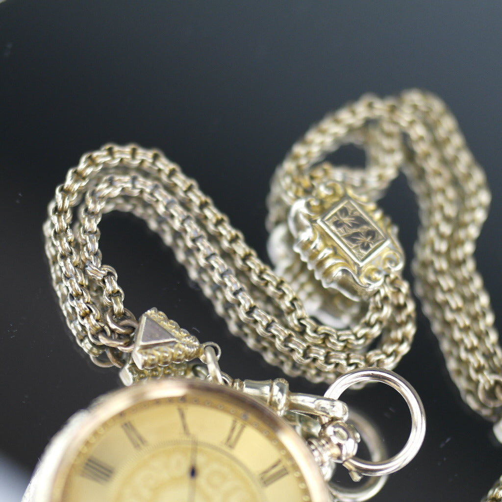 Antique 14ct gold pocket watch with chain T-bar key Roman numerals, open face