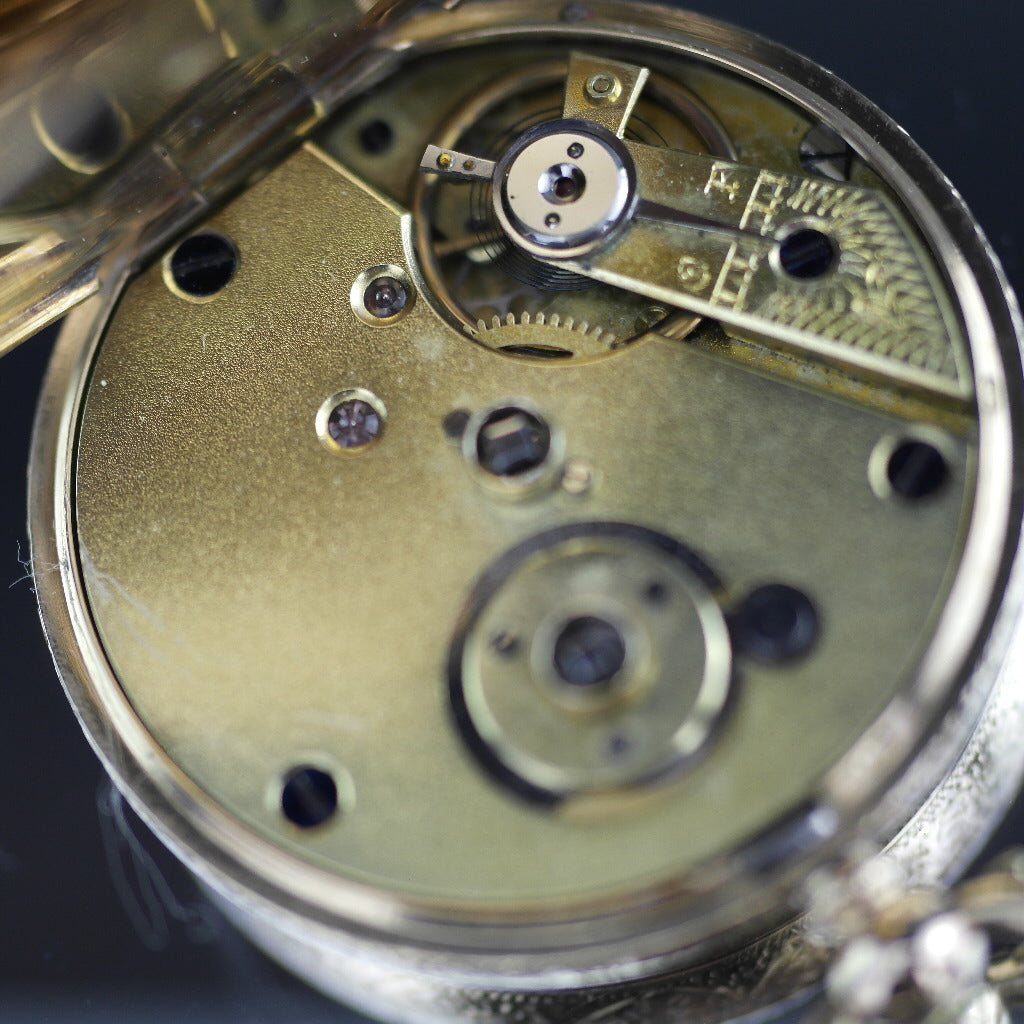 Antique 14ct gold pocket watch with chain T-bar key Roman numerals, open face