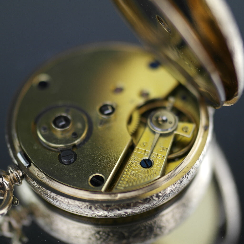 Antique 14ct gold pocket watch with chain T-bar key Roman numerals, open face