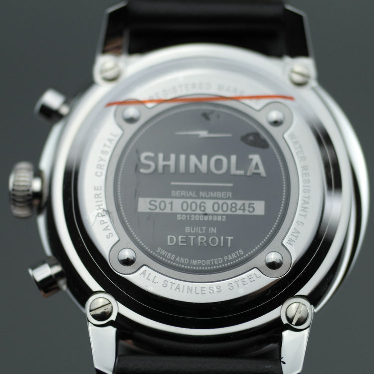 Shinola The Bedrock Chrono 42 mm Armbanduhr mit schwarzem Zifferblatt und Lederarmband