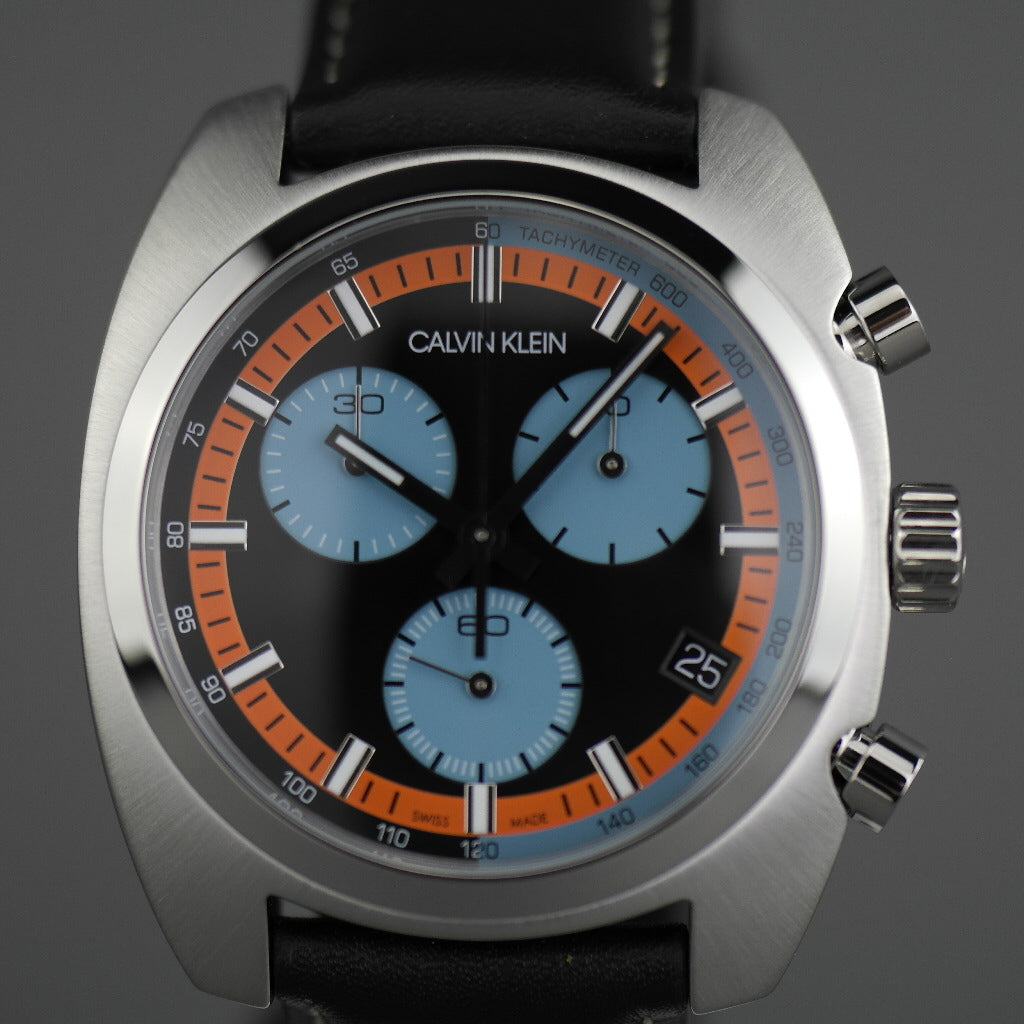 Calvin Klein Chronograph-Armbanduhr, hergestellt in der Schweiz, mit schwarzem Band