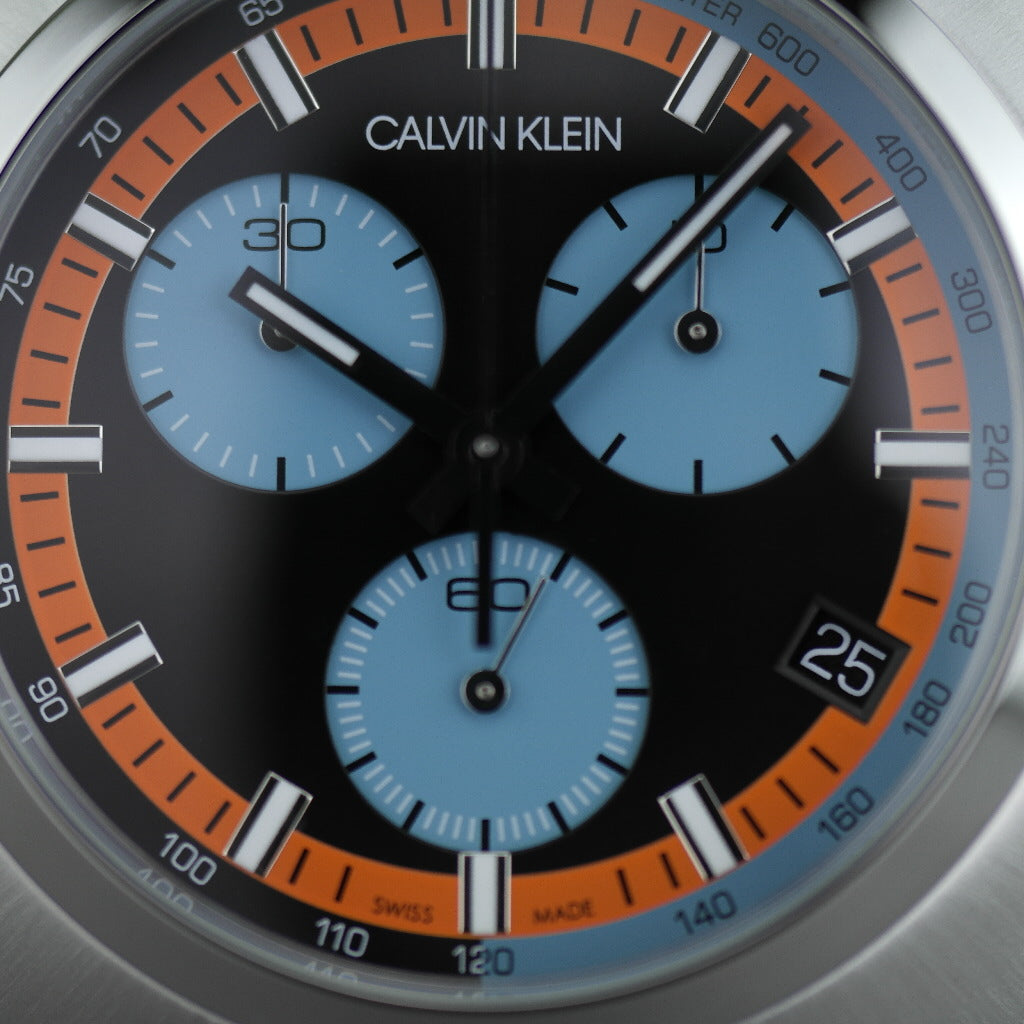 Calvin Klein Chronograph-Armbanduhr, hergestellt in der Schweiz, mit schwarzem Band