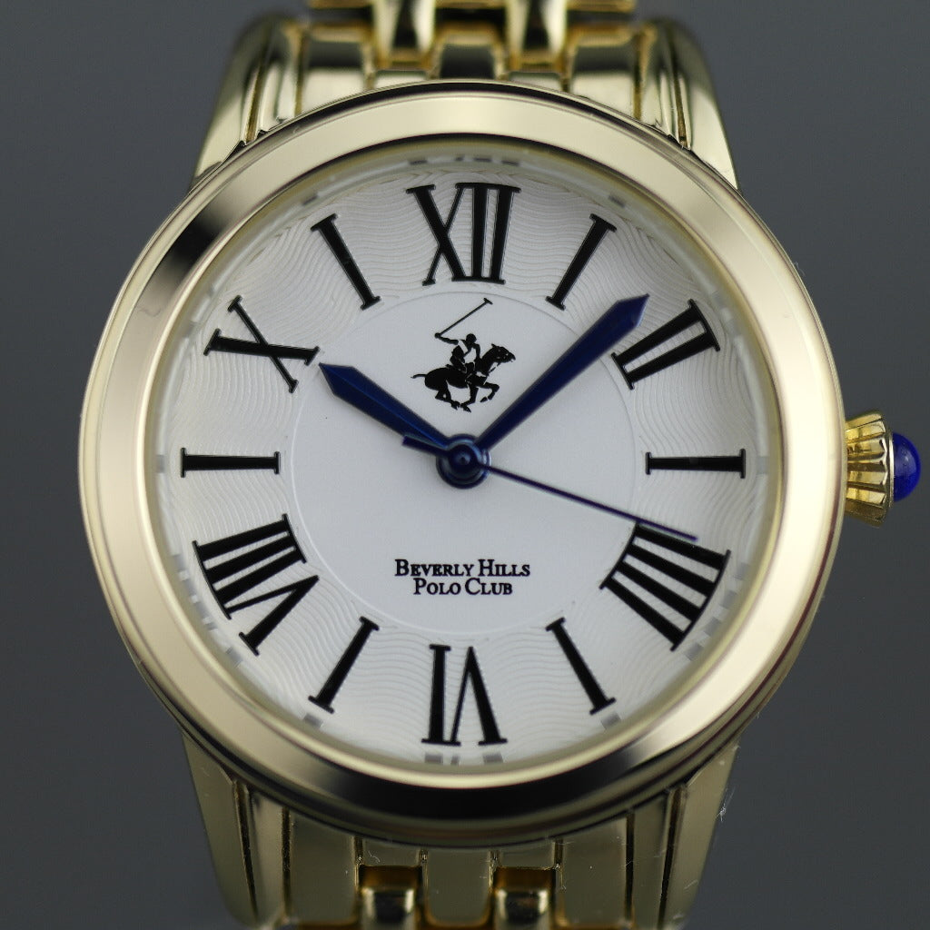 Beverly Hills Polo Club gold plated wristwatch with Roman numerals and blue hands