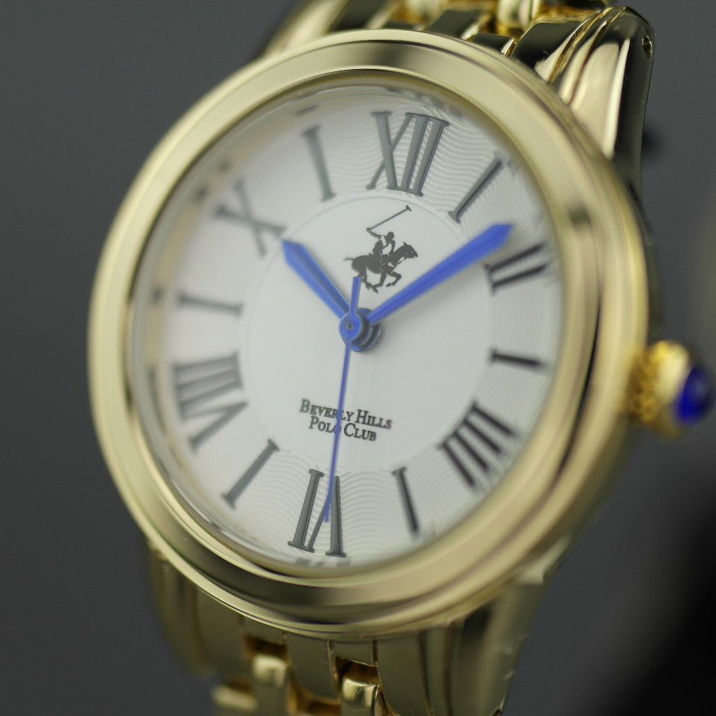 Beverly Hills Polo Club gold plated wristwatch with Roman numerals and blue hands