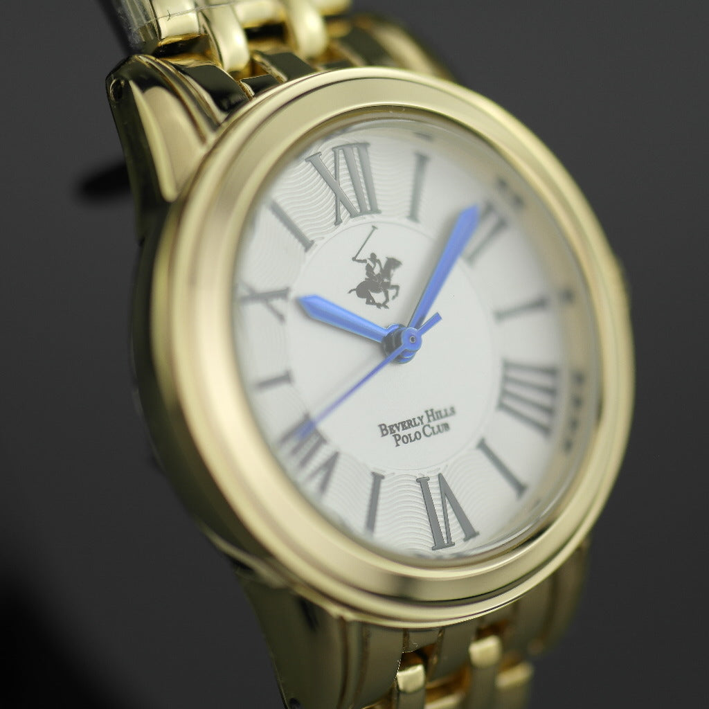 Beverly Hills Polo Club gold plated wristwatch with Roman numerals and blue hands