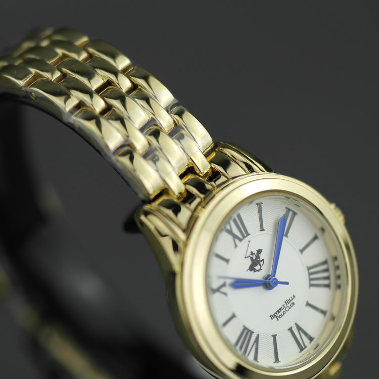 Vergoldete Beverly Hills Polo Club-Armbanduhr mit römischen Ziffern und blauen Zeigern