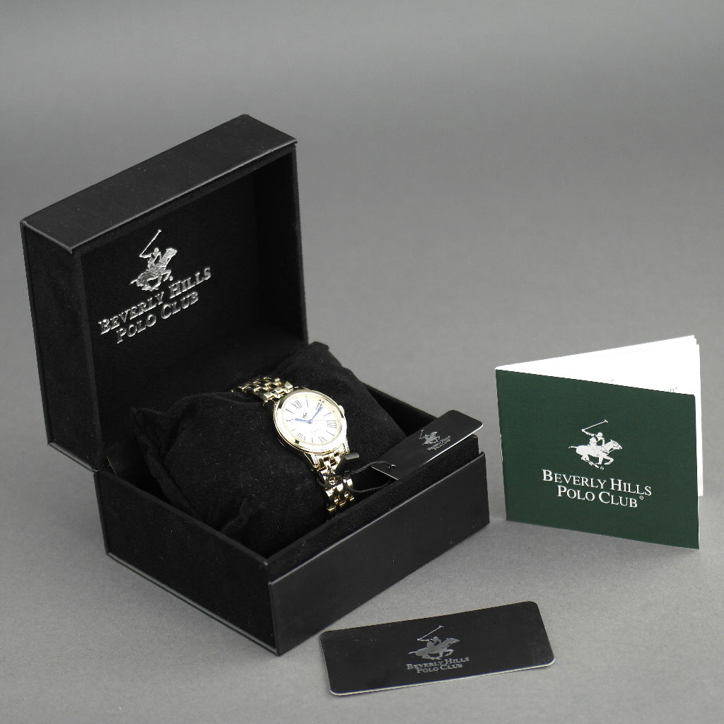 Beverly Hills Polo Club gold plated wristwatch with Roman numerals and blue hands