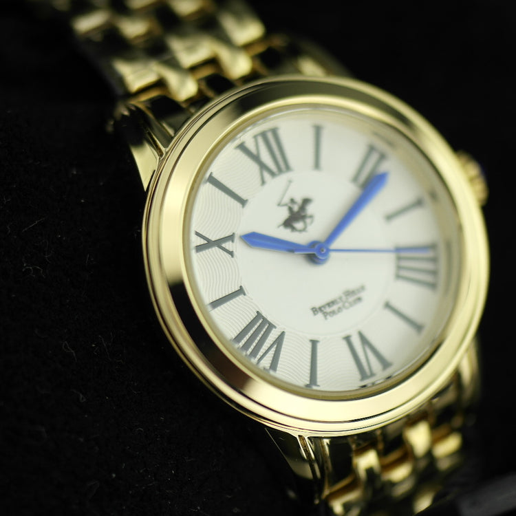 Beverly Hills Polo Club gold plated wristwatch with Roman numerals and blue hands
