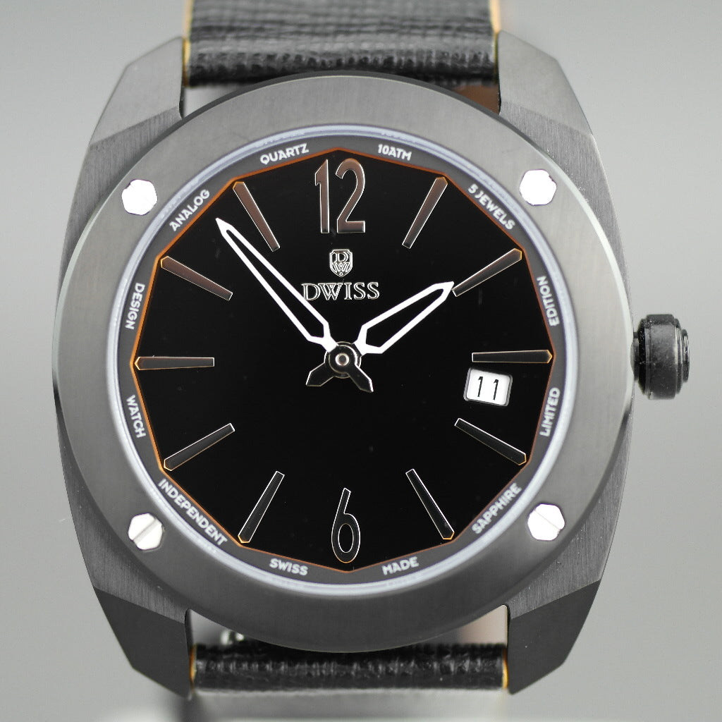 DWISS Limited Edition Swiss quartz black dial wristwatch with strap