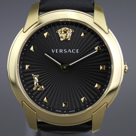 VERSACE Audrey vergoldete Quarz-Armbanduhr mit schwarzem Zifferblatt und Armband