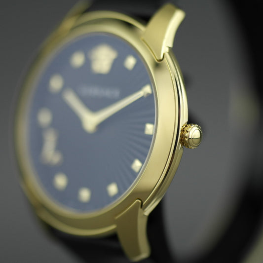 VERSACE Audrey vergoldete Quarz-Armbanduhr mit schwarzem Zifferblatt und Armband