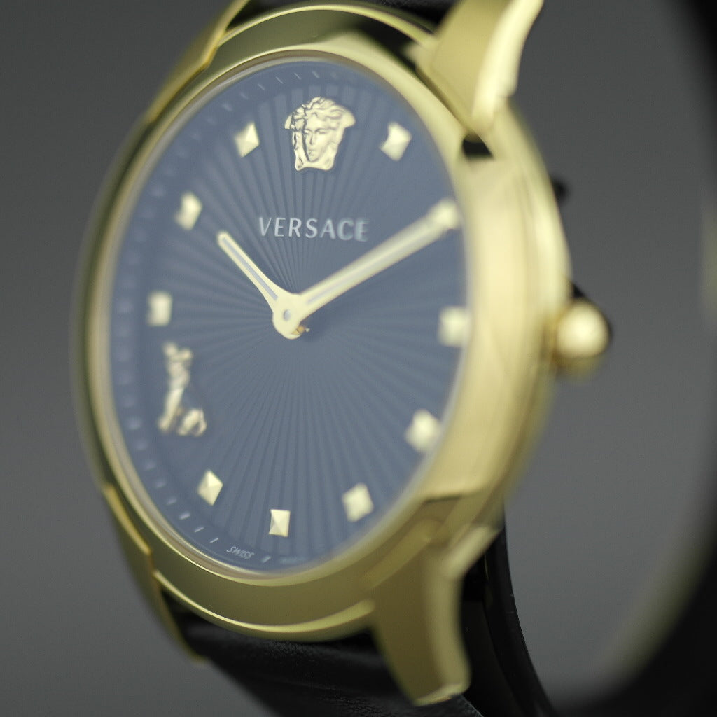 VERSACE Audrey vergoldete Quarz-Armbanduhr mit schwarzem Zifferblatt und Armband