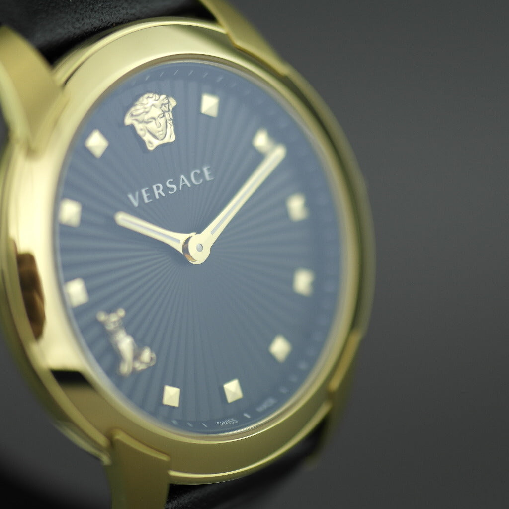 VERSACE Audrey vergoldete Quarz-Armbanduhr mit schwarzem Zifferblatt und Armband