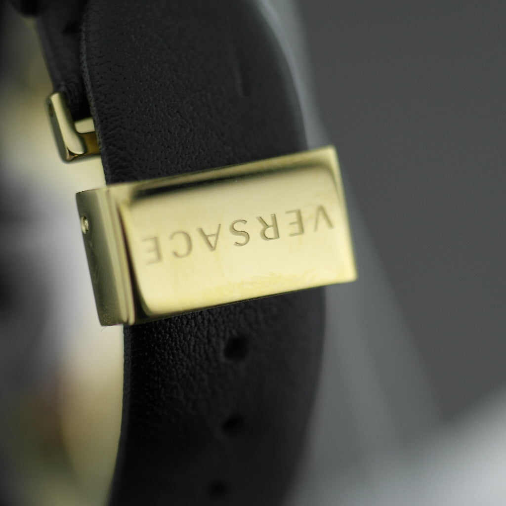 VERSACE Audrey vergoldete Quarz-Armbanduhr mit schwarzem Zifferblatt und Armband