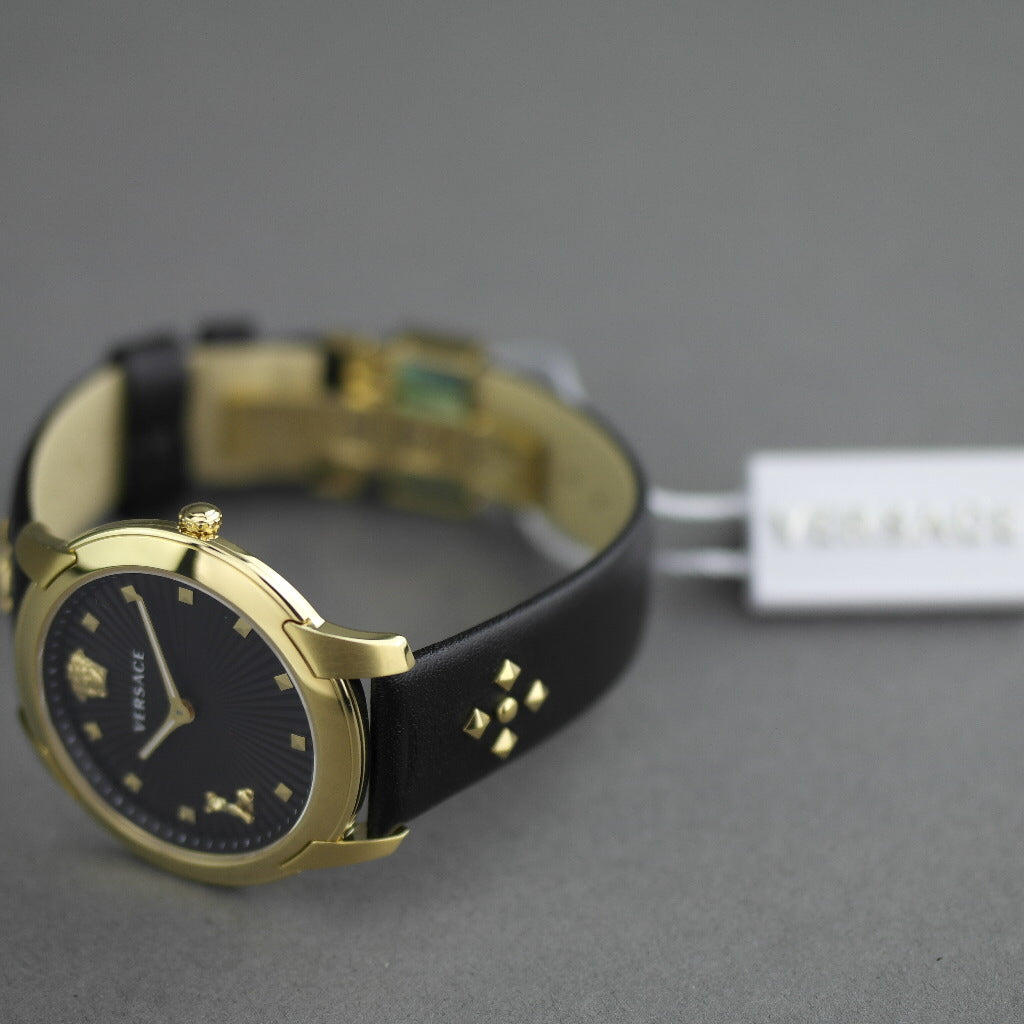 VERSACE Audrey vergoldete Quarz-Armbanduhr mit schwarzem Zifferblatt und Armband