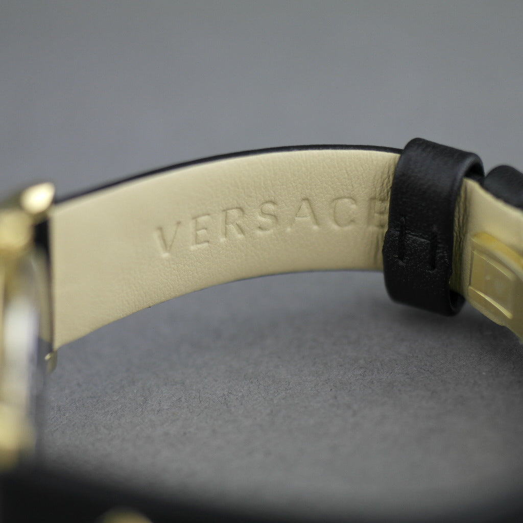 VERSACE Audrey vergoldete Quarz-Armbanduhr mit schwarzem Zifferblatt und Armband