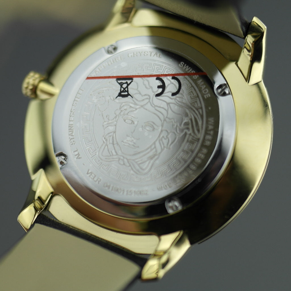 VERSACE Audrey vergoldete Quarz-Armbanduhr mit schwarzem Zifferblatt und Armband