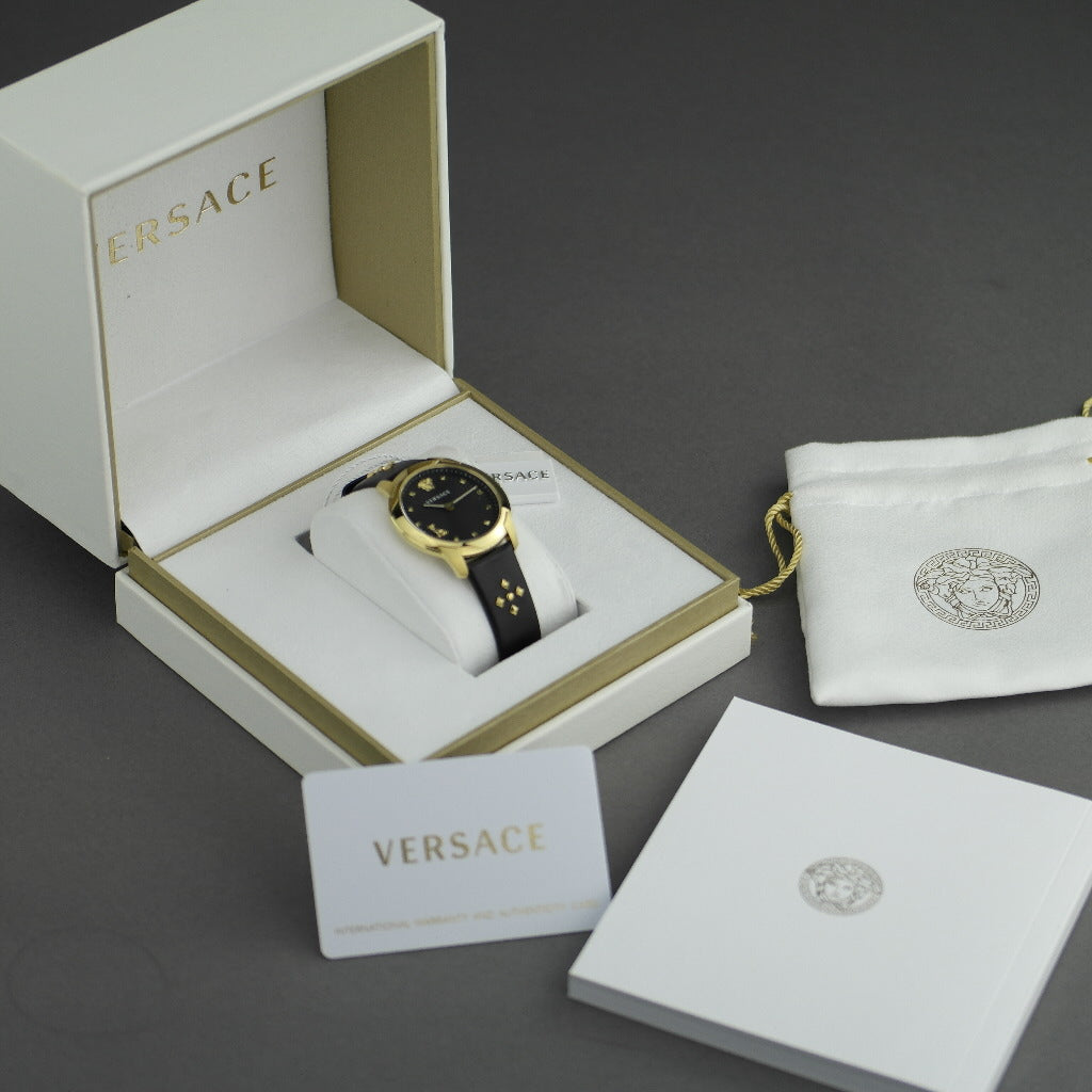 VERSACE Audrey vergoldete Quarz-Armbanduhr mit schwarzem Zifferblatt und Armband