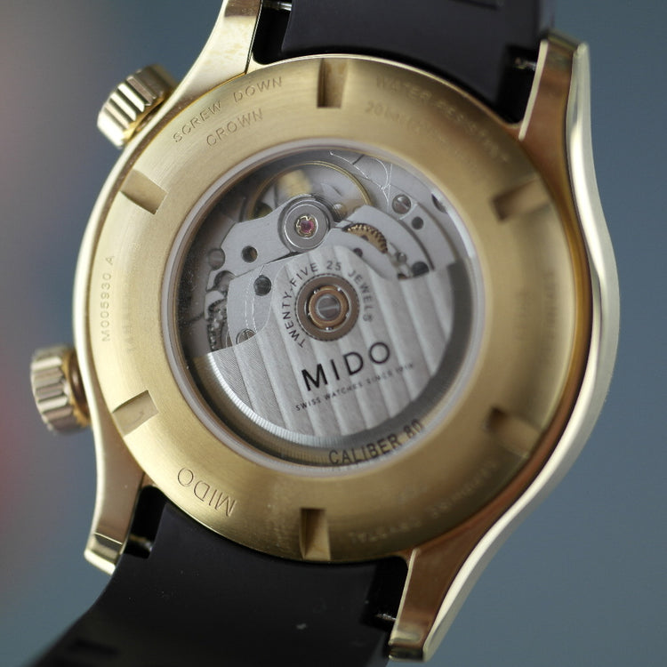 Mido Multifort Reloj de pulsera automático chapado en oro de 25 joyas con correa de caucho