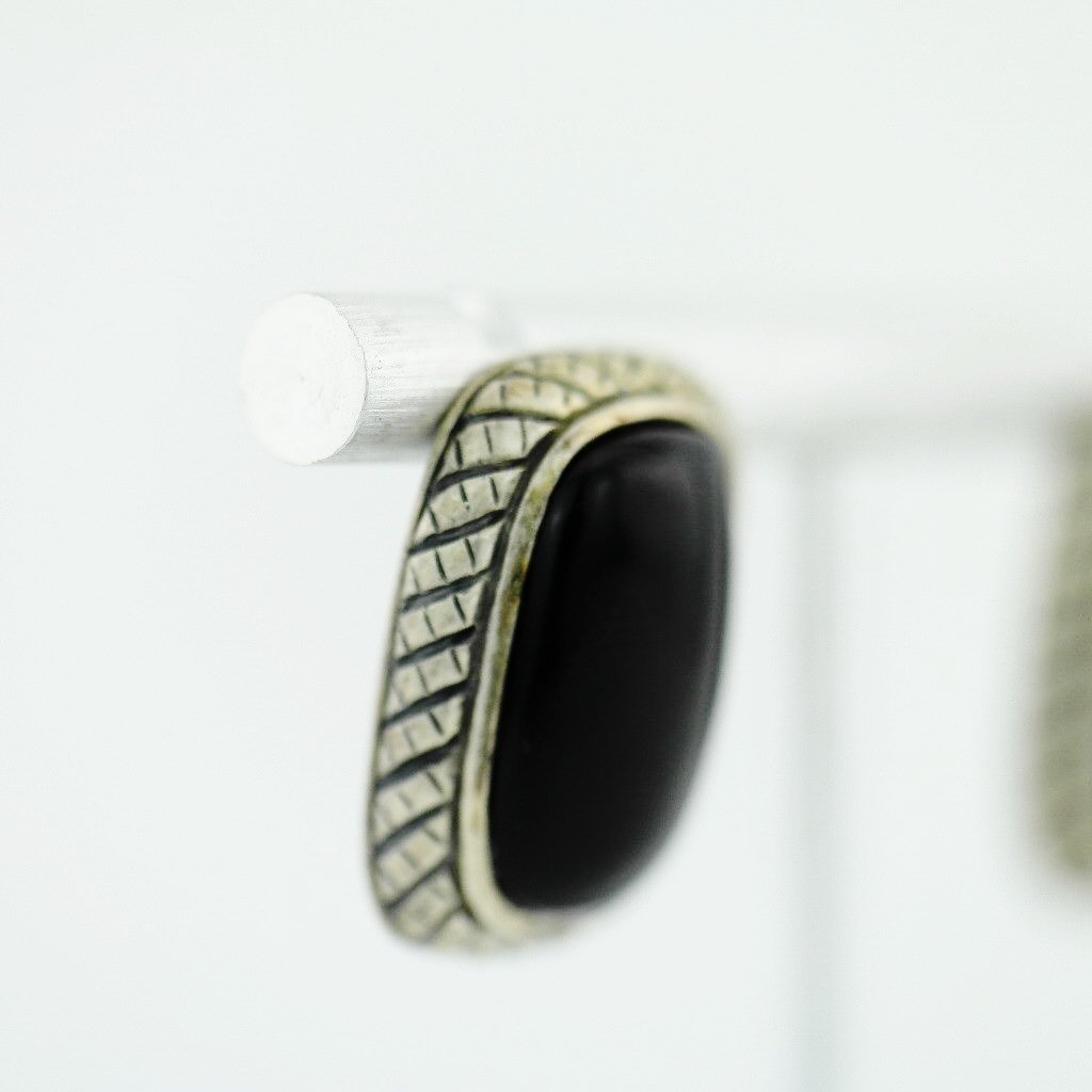 Vintage Chinese export sterling silver earrings with Black onyx stone ATI