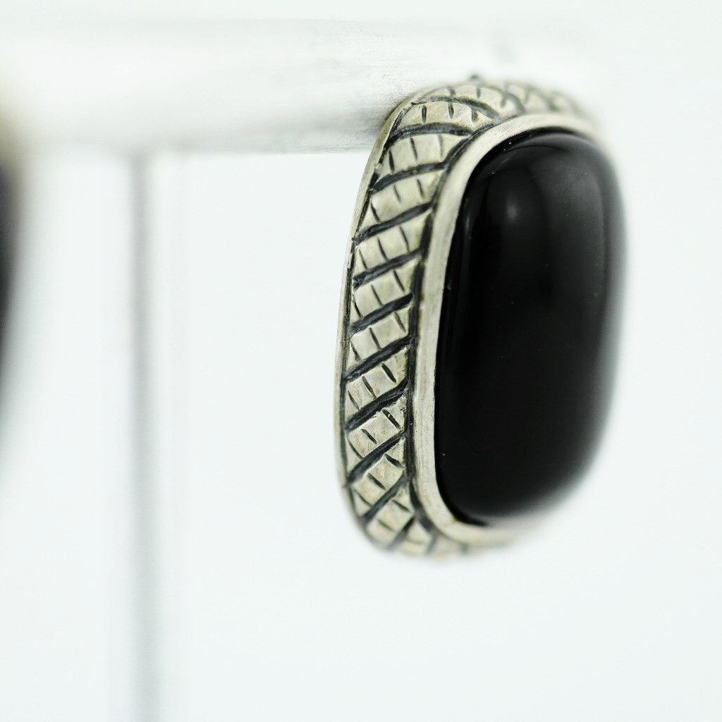 Vintage Chinese export sterling silver earrings with Black onyx stone ATI