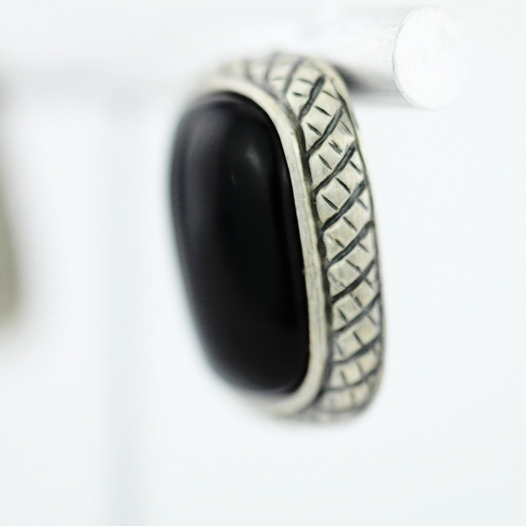 Vintage Chinese export sterling silver earrings with Black onyx stone ATI