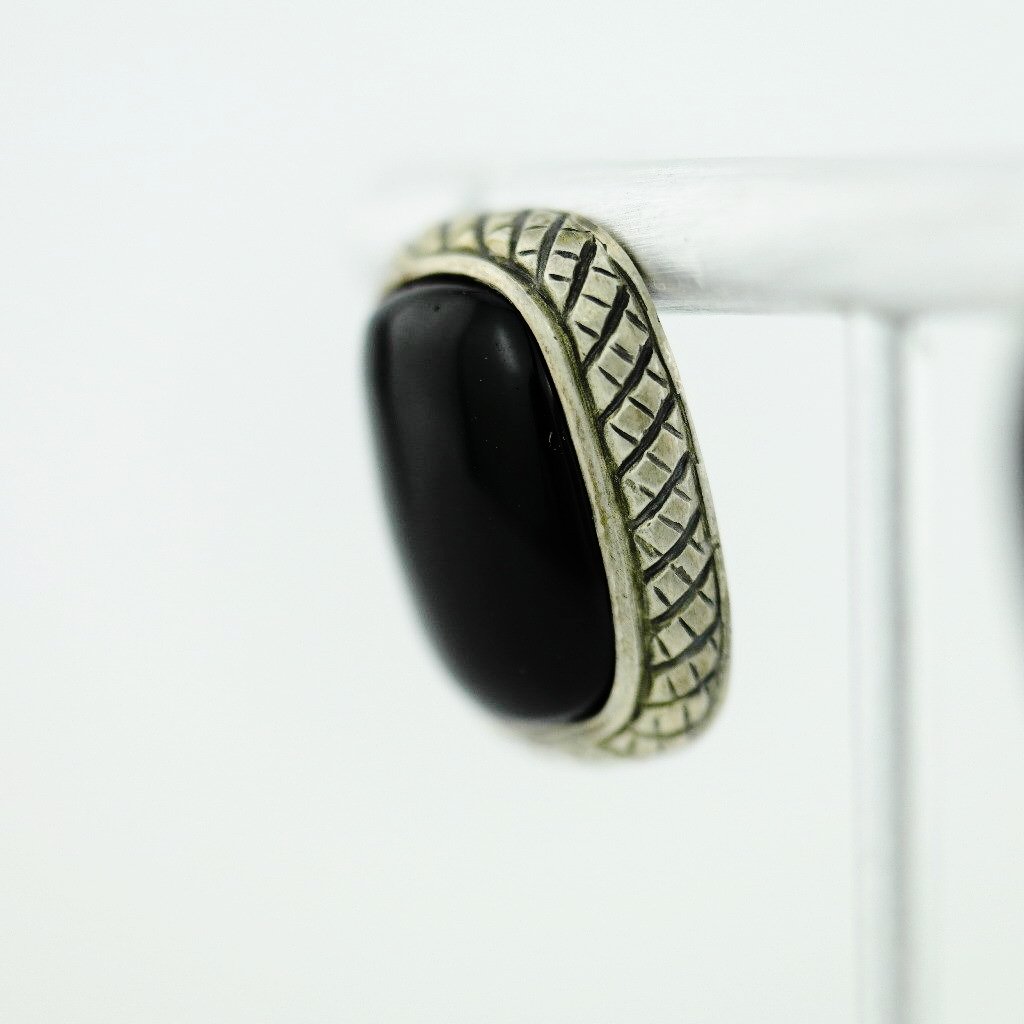 Vintage Chinese export sterling silver earrings with Black onyx stone ATI