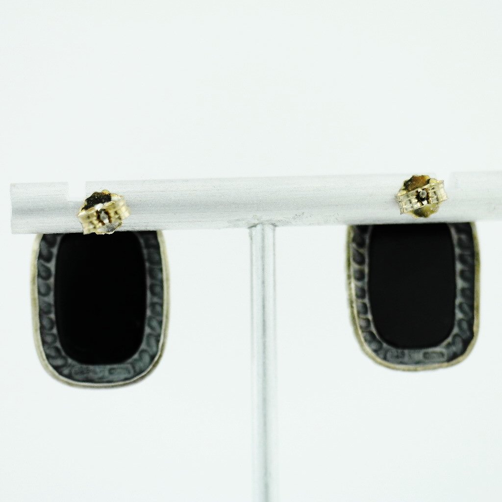 Vintage Chinese export sterling silver earrings with Black onyx stone ATI